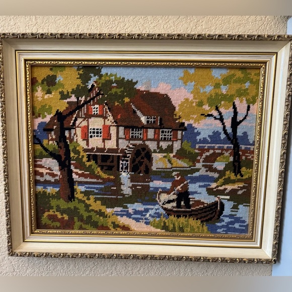 Framed Needlepoint Art Scenic Landscape River Man with Boat Waterwheel Handmade - Picture 1 of 7